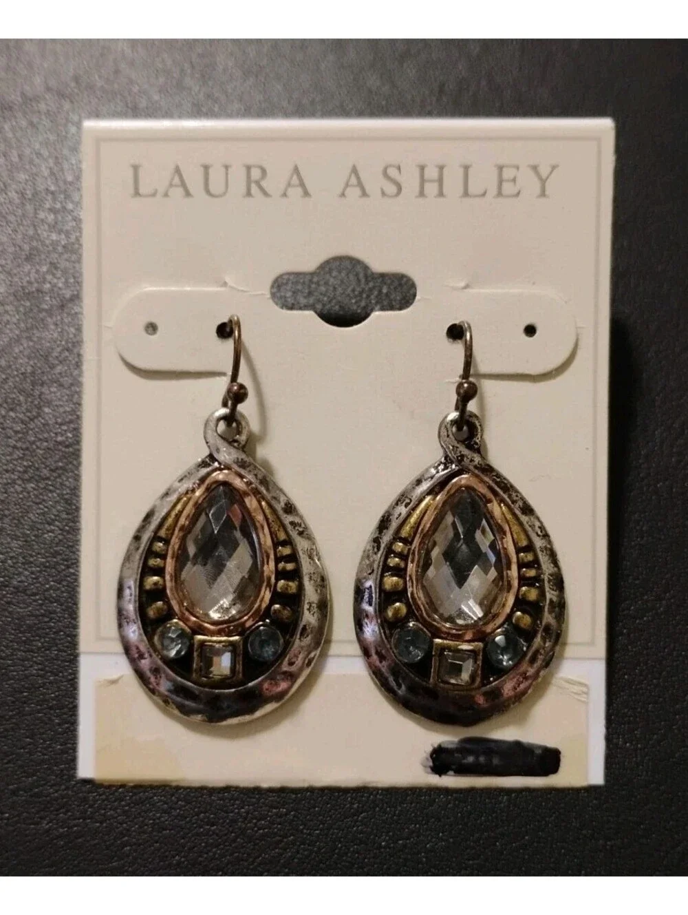VTG Laura Ashley Silvertone Dangle Earrings Rhinestone Egyptian Revival Made USA